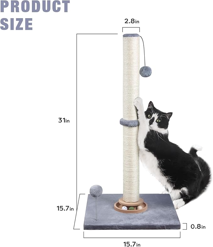 31" Cat Scratching Post Kitten Toys for Indoor Cats, Interactive Cat Scratcher with Catnip Balls, Sisal Scratch Rope for Large Cats, Grey