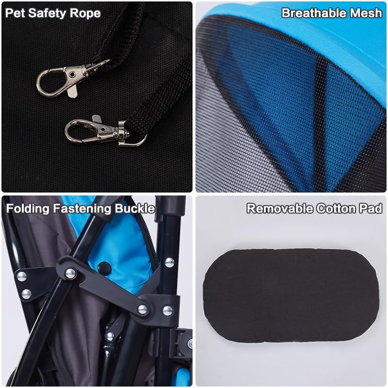 4 Wheels Pet Stroller,Easy-Foldable Dog Cat Cage Jogger Stroller with Weather Cover for All-Season,Storage Basket and Visible Mesh for Small/Medium Pets up to 33lbs (Blue)