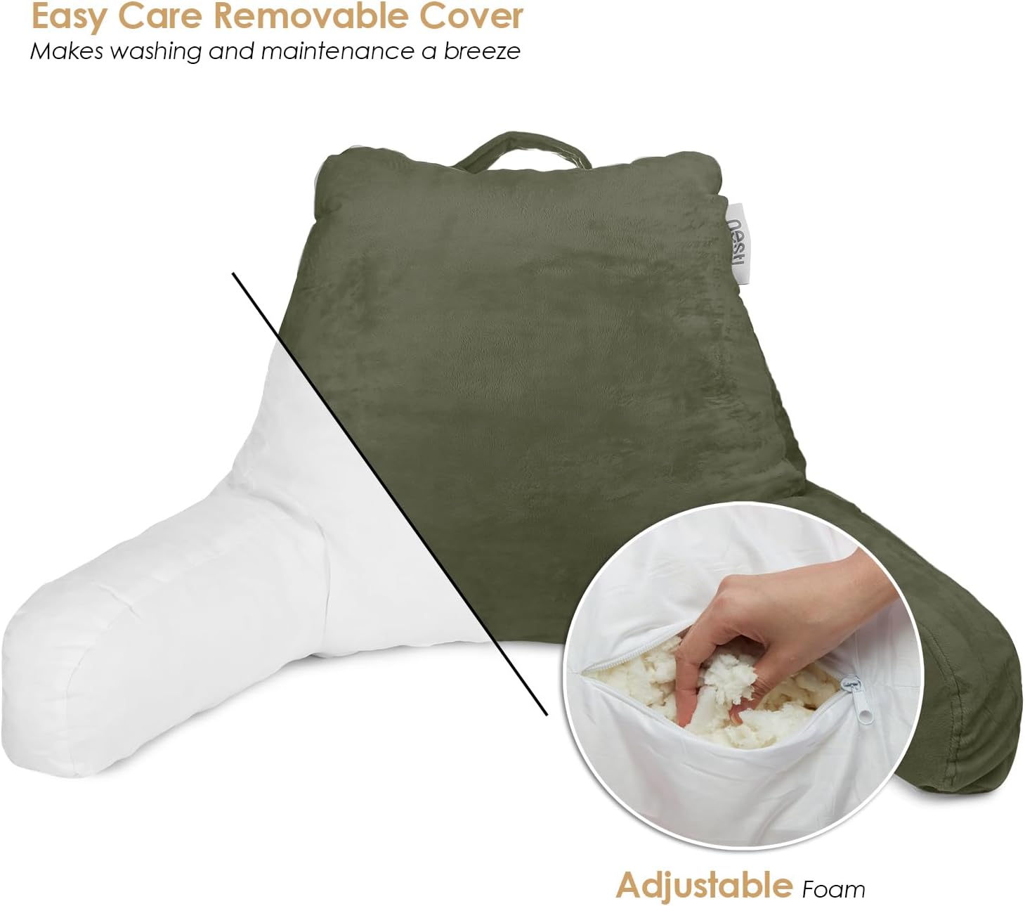 Nestl Reading Pillow for Kids & Teens with Shredded Memory Foam, Backrest Pillows for Reading, Watching, and Gaming, Use on the Couch, Bed, or Floor, Adjustable Support with Washable Cover Olive Green