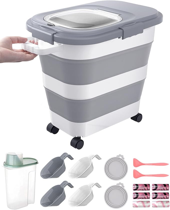 23-25 Lbs Airtight Dog Food Storage Container,Collapsible Pet food storage Container,All-in-One Cat Food Container Set with Scoops,Can Covers & Can Opener Spoons,Small Bin and Waste Bags