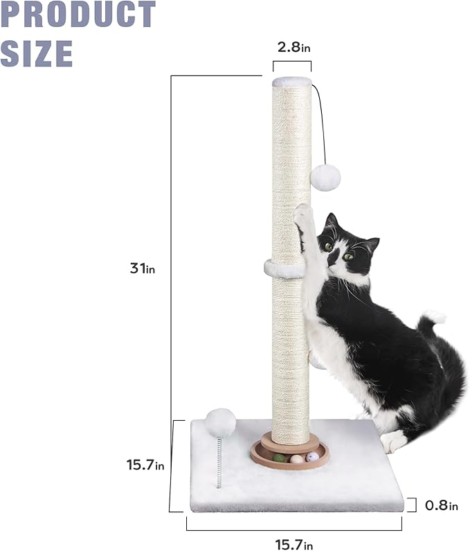 31" Cat Scratching Post Kitten Toys for Indoor Cats, Interactive Cat Scratcher with Catnip Balls, Sisal Scratch Rope for Large Cats, White