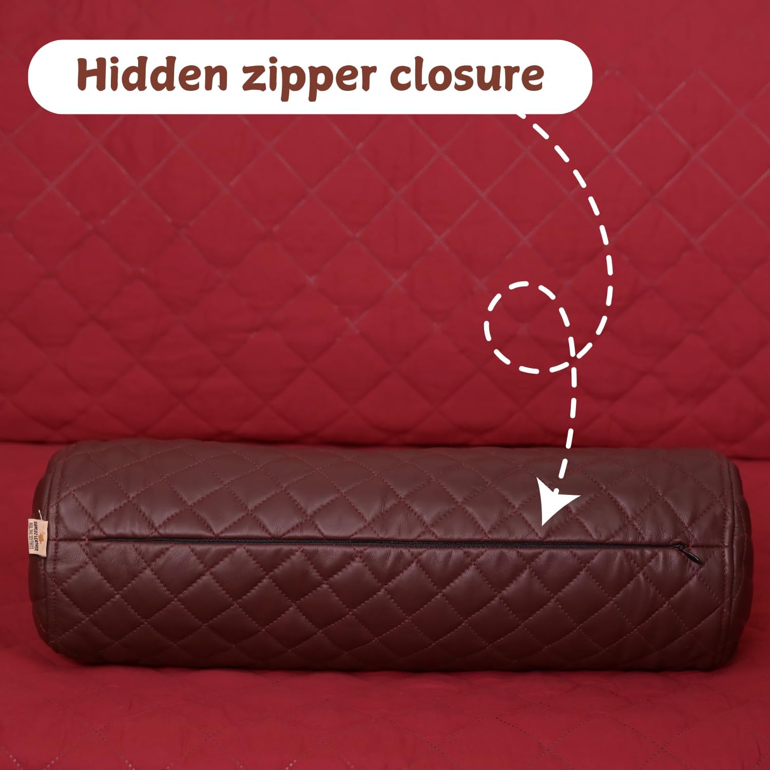 Neck Roll Pillow Cushion Cover, 22x6 Inch Full Moon Round Bolster Pillow Case, Cylinder Soft Lambskin Leather Pillowcase for Head, Spine & Neck Support During Sleep - Quilted Dark Brown Pack of 2