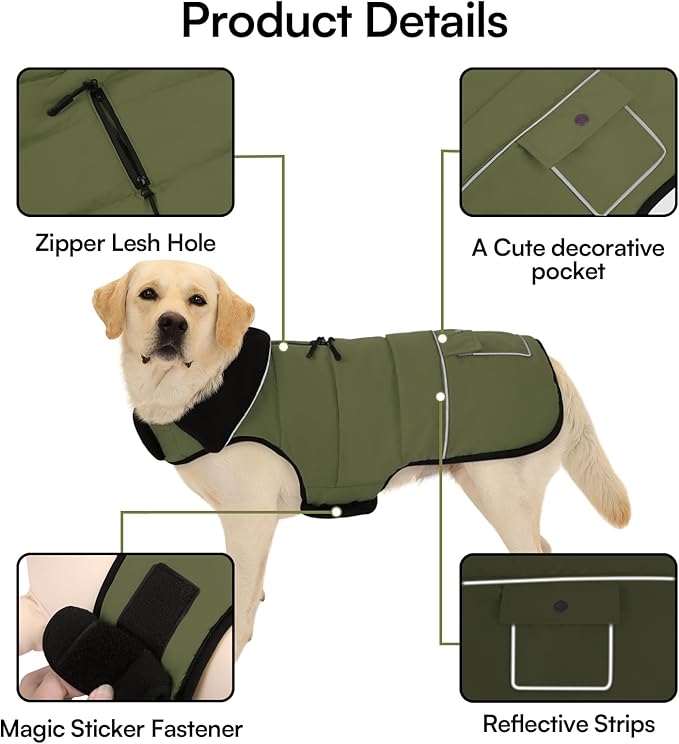 Dog Coat, Small Dog Jacket, Windproof Dogs Puffer Jacket, Fleece Lined Warm Dogs Winter Coat with Harness Hole (Army Green S)
