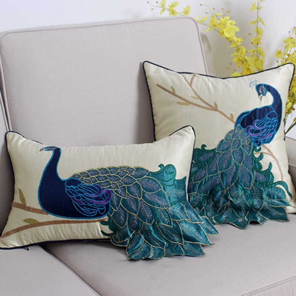 vctops Embroidered Peacock Decorative Throw Pillow Case Silky Satin Cushion Cover Peacock 3 12"X20"
