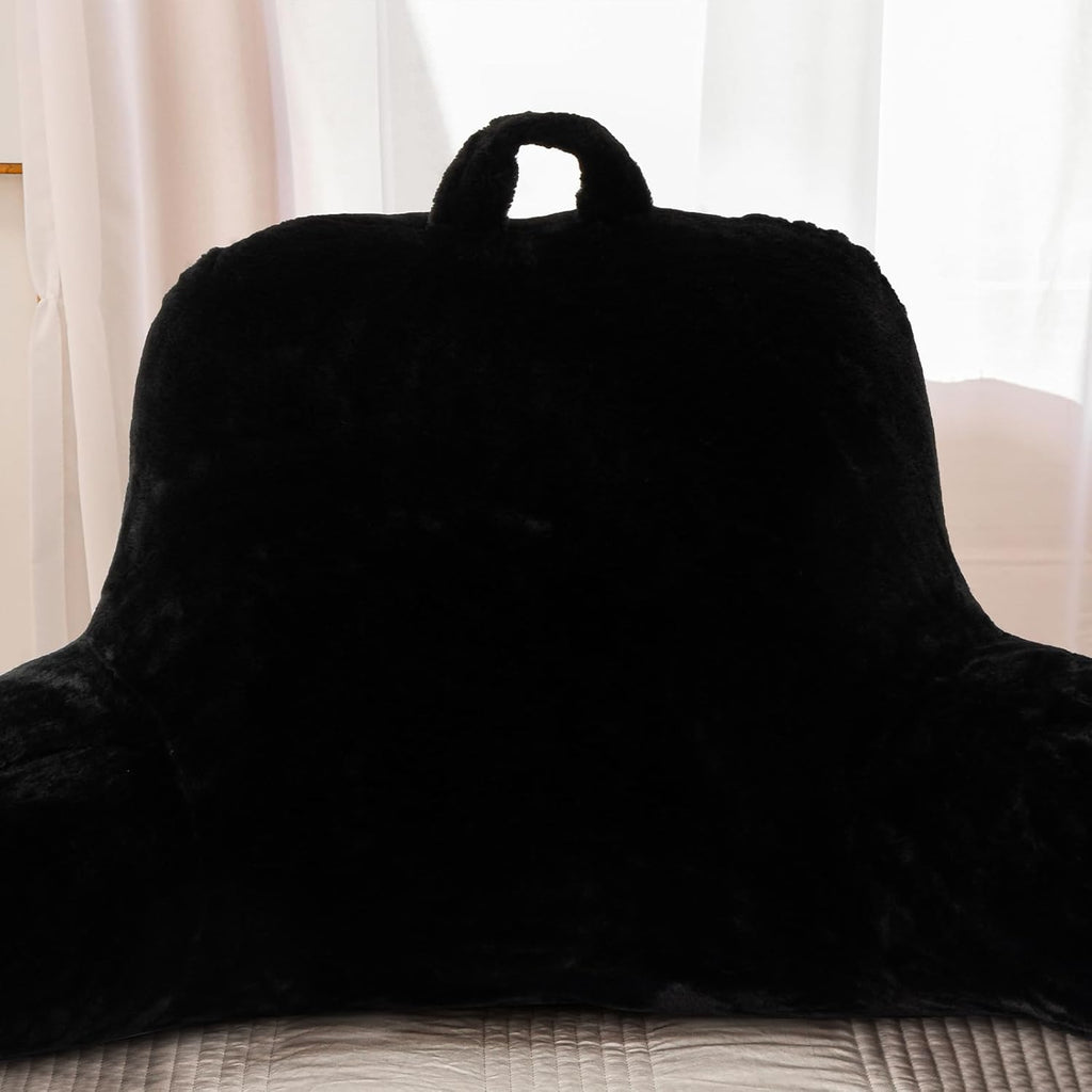 A Nice Night Faux Fur Reading Pillow Bed Wedge Large Adult Children Backrest with Arms Back Support for Sitting Up in Bed/Couch for Bedrest,Black,Large