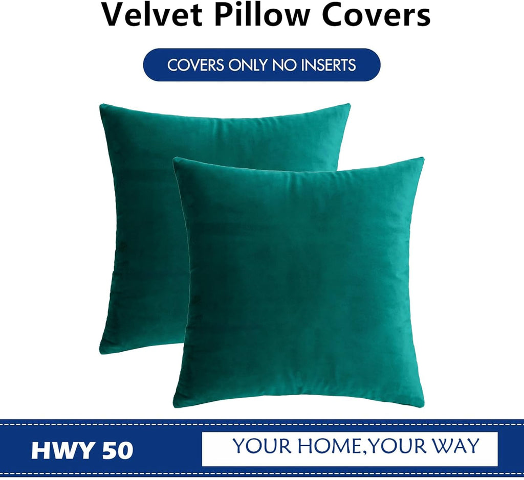 HWY 50 Teal Velvet Throw Pillow Covers 18x18 Inch, Pack of 2 Soft Cozy Solid Decorative Luxury Cushion Cases for Couch Sofa Bed Living Room Bedroom