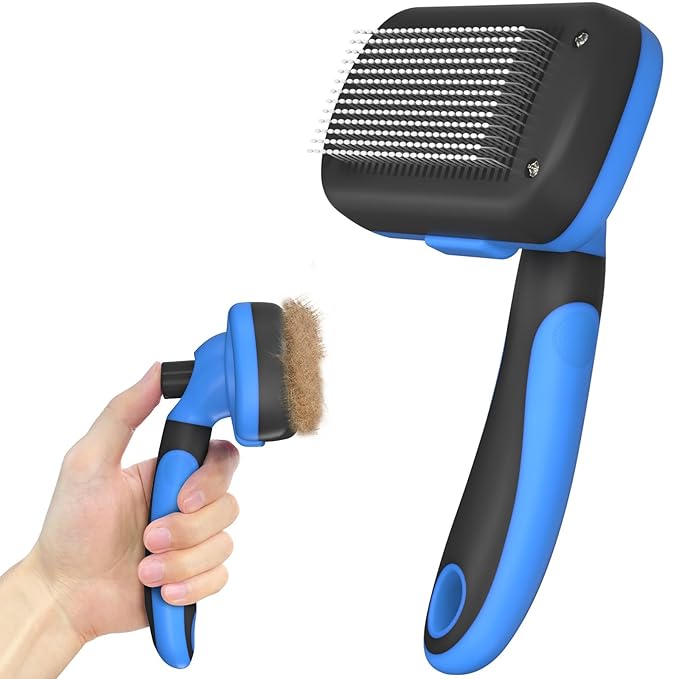 Self-Cleaning Brush for Pet Deshedding - Skin-Friendly Grooming Tool for Dogs and Cats, Blue