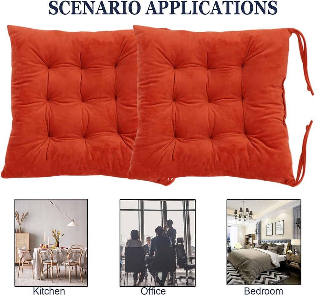 2 Pack Square Seat Cushion Chair Pads for Kitchen Dining Chairs, Soft Comfort Velvet Chair Mat Pillow Cushions with Ties for Office Desk Living Room Tatami 15.5", Orange