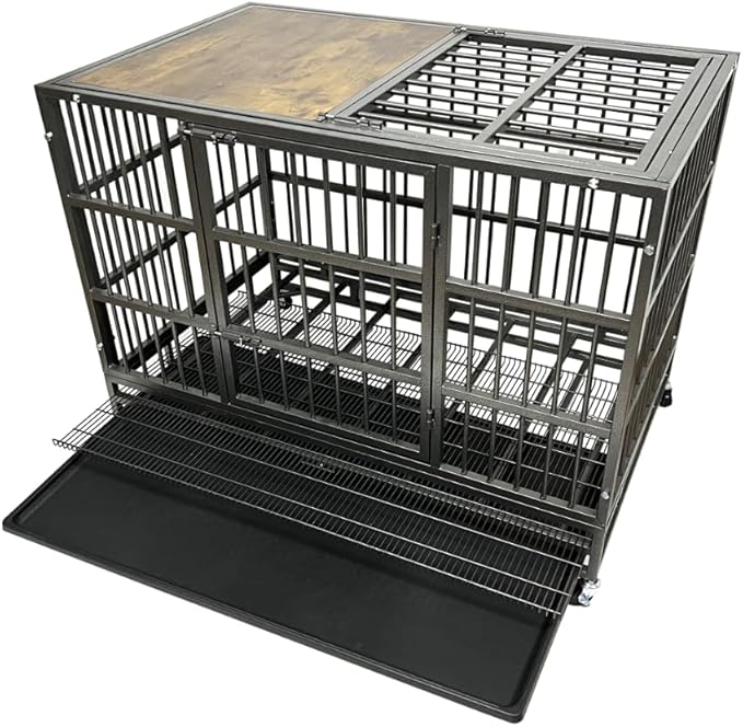 48" Furniture Dog Crate for Large Dogs, Heavy Duty Dog Kennel Indoor with Removable Crate Trays, Wheels and Stylish Wooden Top, Extra Large XL XXL Dog Cage