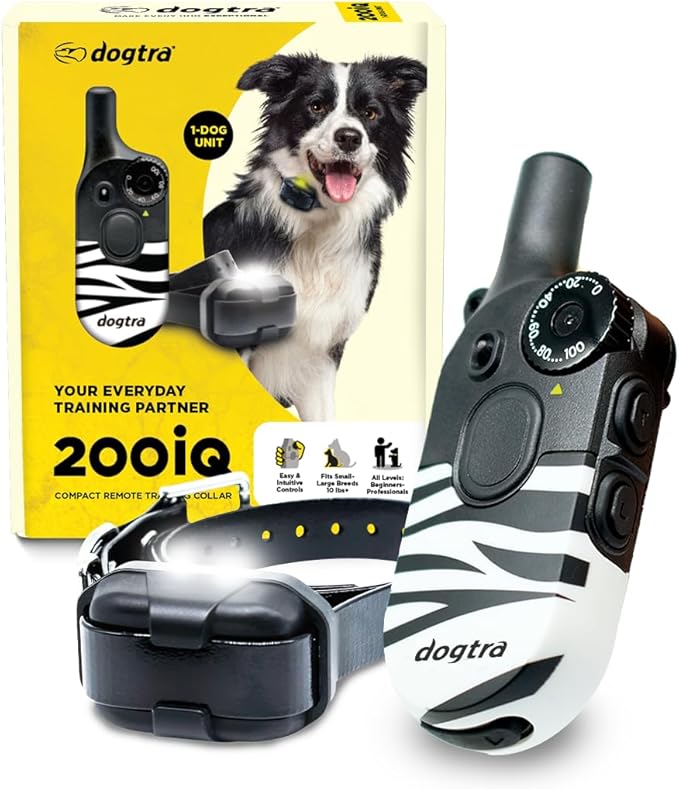 Dogtra 200iQ Remote Training E Collar – 100 Levels, Tone, Vibration, 1/2 Mile Range – Compact, Waterproof, One-Handed Control for Dogs 10 lbs+ – Lightweight Design for Daily Training – Zebra