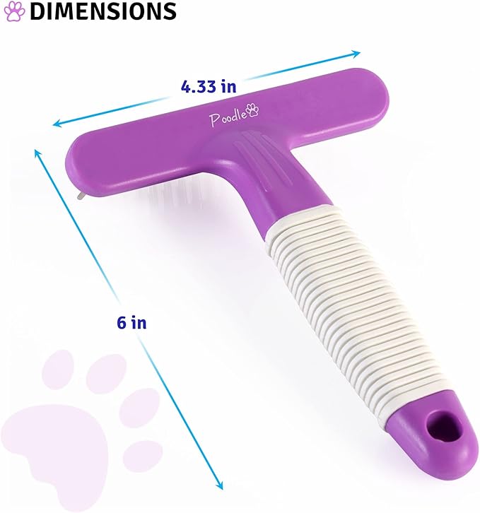 POODLIE Poodle Pet Dog Grooming Rake| Dematting Tool with Stainless Steel Shedding Comb for Pets | 2 Rows of Pins Gently Remove Loose or Tangled Hair from Undercoat | Purple Handle