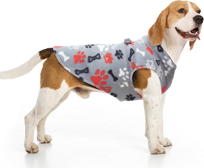 BEAUTYZOO Small Dog Sweater Fleece Vest Winter Jacket, D-Ring Leash Attachment for XS S Puppy Medium Sized Breeds Dogs, Cold Weather Dog Clothes Windproof Keep Warm, Grey Bones Paw XL