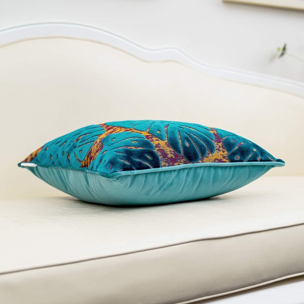 Alerfa 20 x 20 Inch Square Leaf Pillow Embroidery Cut Velvet Cushion Case Luxury Modern Lumbar Throw Pillow Cover Decorative Pillow for Couch Sofa Living Room Bedroom Car, Navy Blue