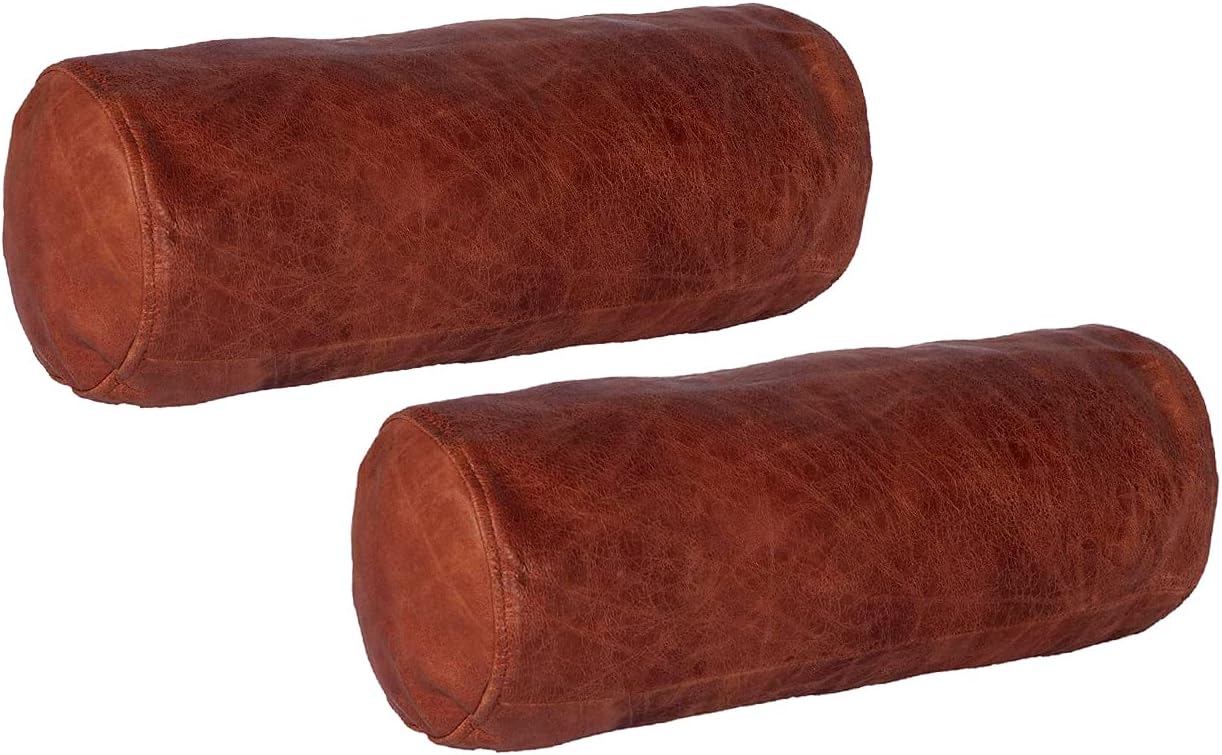 Neck Roll Pillow Cushion Cover, 14x7 Inch Full Moon Round Bolster Pillow Case, Cylinder Soft Lambskin Leather Pillowcase for Head, Spine & Neck Support During Sleep - Tan Artical Pack of 2