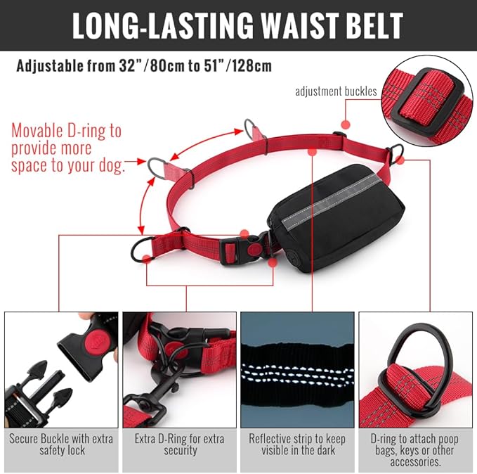 Plutus Pet Hands Free Dual Handle Retractable Bungee Leash with Reflective Stitches, Adjustable Waist Leash for Dog Walking Running Jogging, Medium Large Dogs