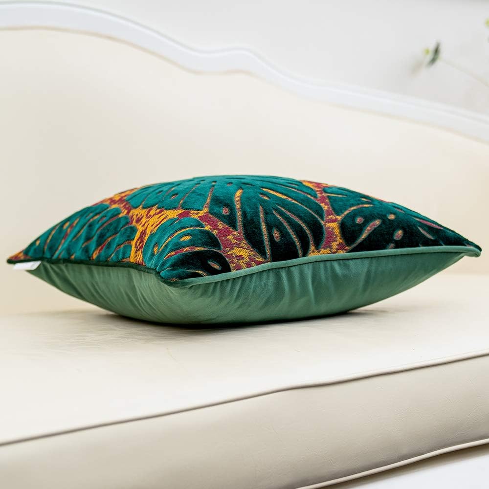 Alerfa 20 x 20 Inch Square Leaf Pillow Embroidery Cut Velvet Cushion Case Luxury Modern Lumbar Throw Pillow Cover Decorative Pillow for Couch Sofa Living Room Bedroom Car, Teal Green