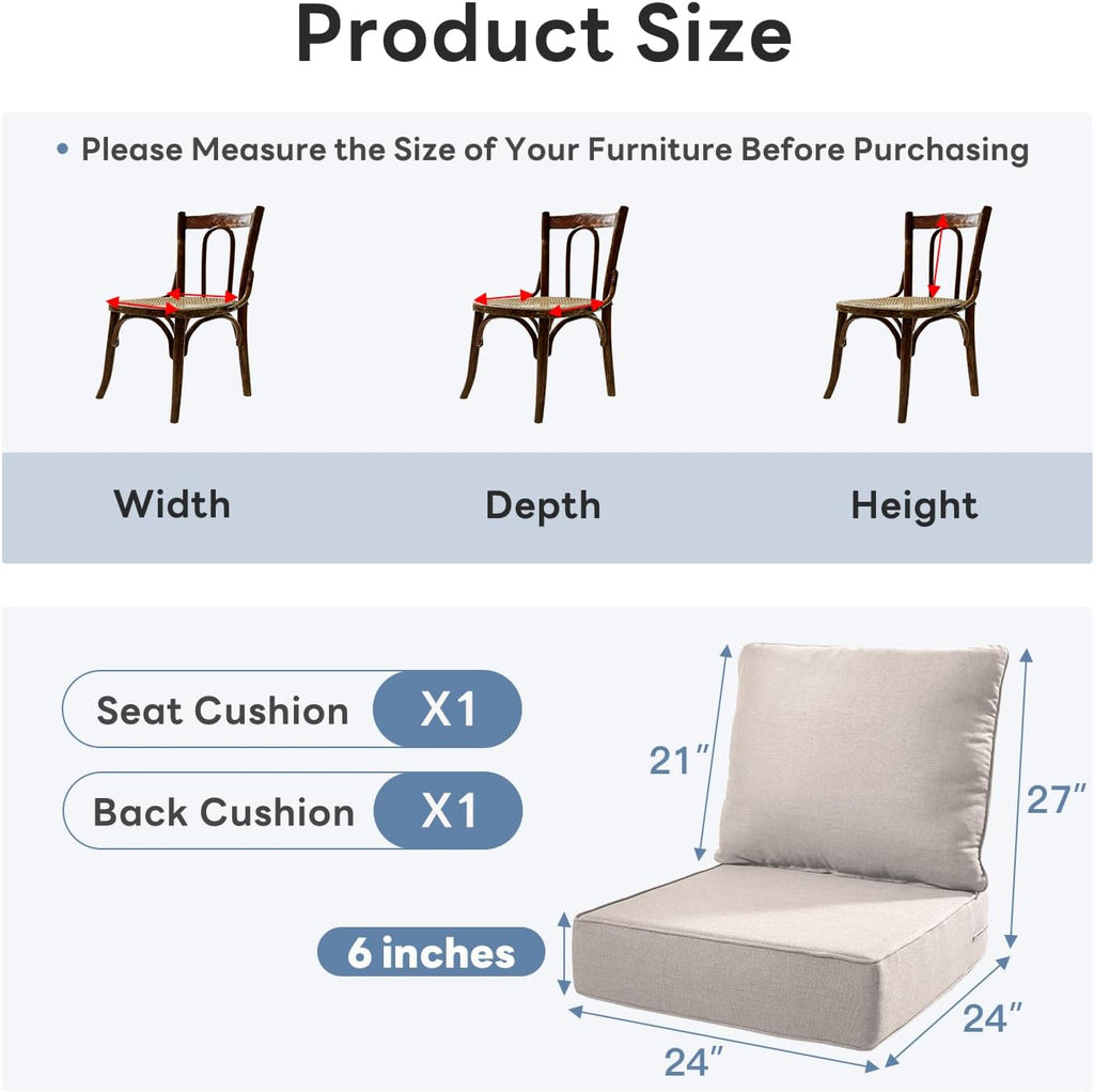 6 inches Thicker Outdoor Chair Cushions Set- 24" *24" *6" Waterproof Patio Furniture Cushions with Removable Cover, 28D High Density Sponge Filling Thicken Outdoor Patio Cushions - Beige