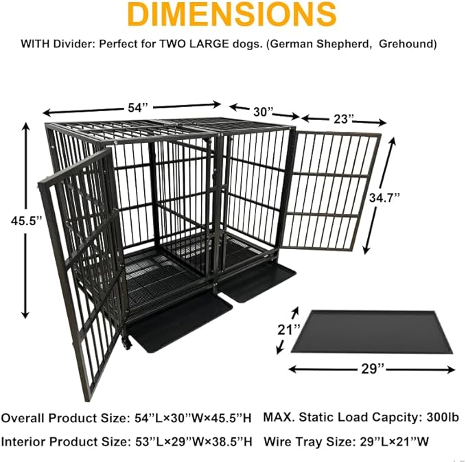 54 Heavy Duty Indestructible and Escape-Proof Dog Crate Cage Kennel with Divider for 2 Large Dogs, High Anxiety Dog Crate with Removable Wires Trays and Wheels, Extra Large XL XXL