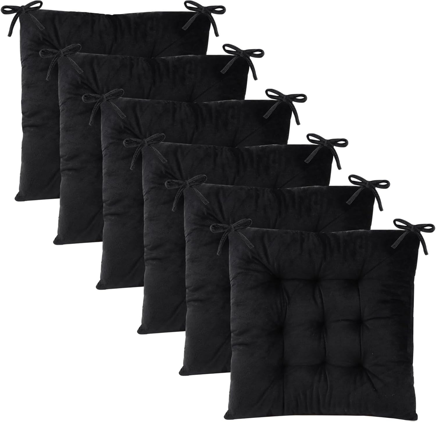6 Pack Square Seat Cushion Chair Pads for Kitchen Dining Chairs, Soft Comfort Velvet Chair Mat Pillow Cushions with Ties for Office Desk Living Room Tatami 15.5", Black