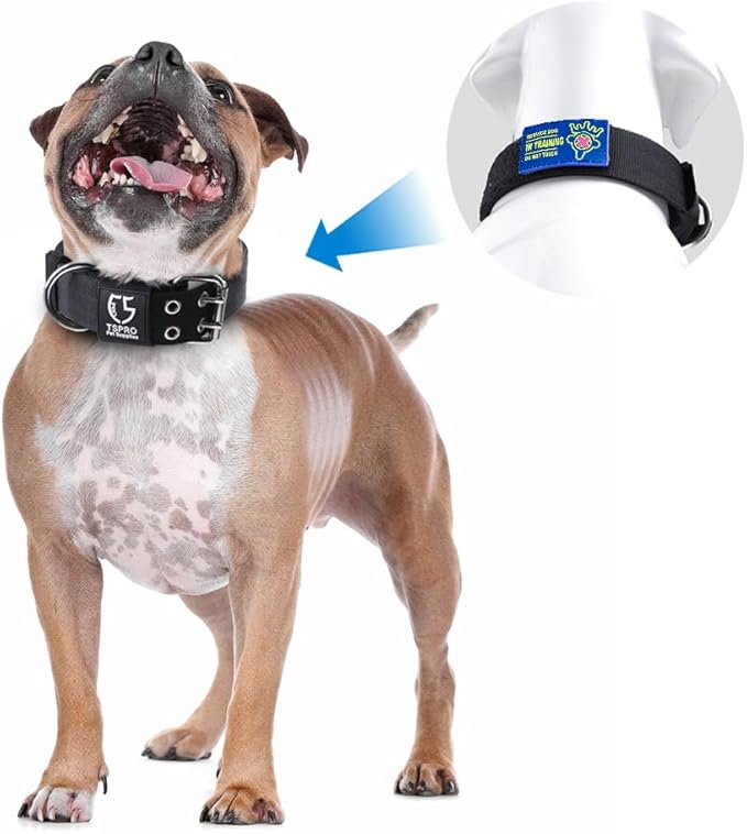 TSPRO Tactical Dog Collar, Adjustable, with Patch & Double Needle Metal Buckle, Heavy Duty for Large to Extra Large Dogs, Durable for Walking, Running, Hiking & Training (Khaki L-XL)