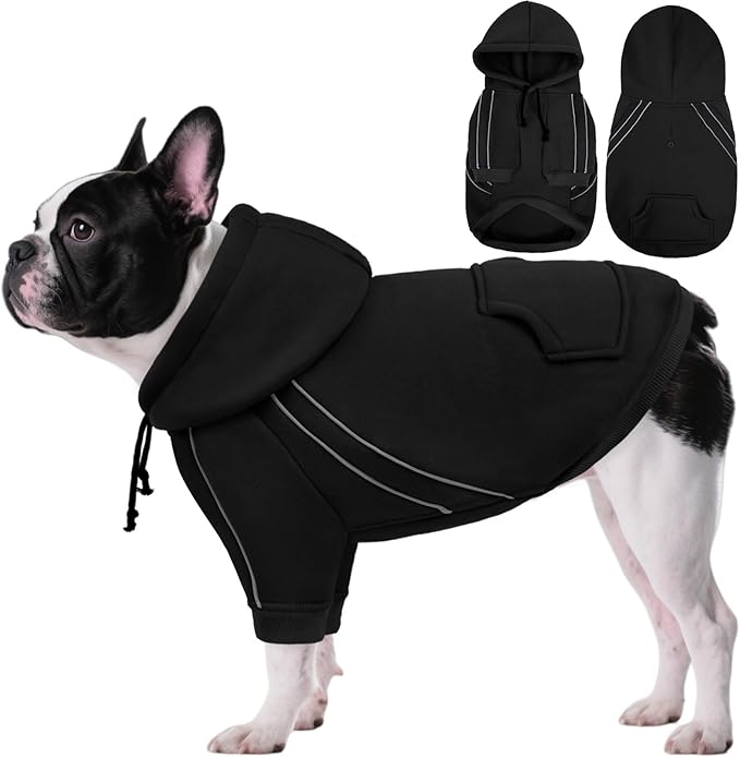 ASENKU Cozy Dog Hoodie，Soft Sweater with Adjustable Hood, Back Pocket and Leash Access Hole，Warm Reflective Sweatshirt for Cold Weather（Black，XS