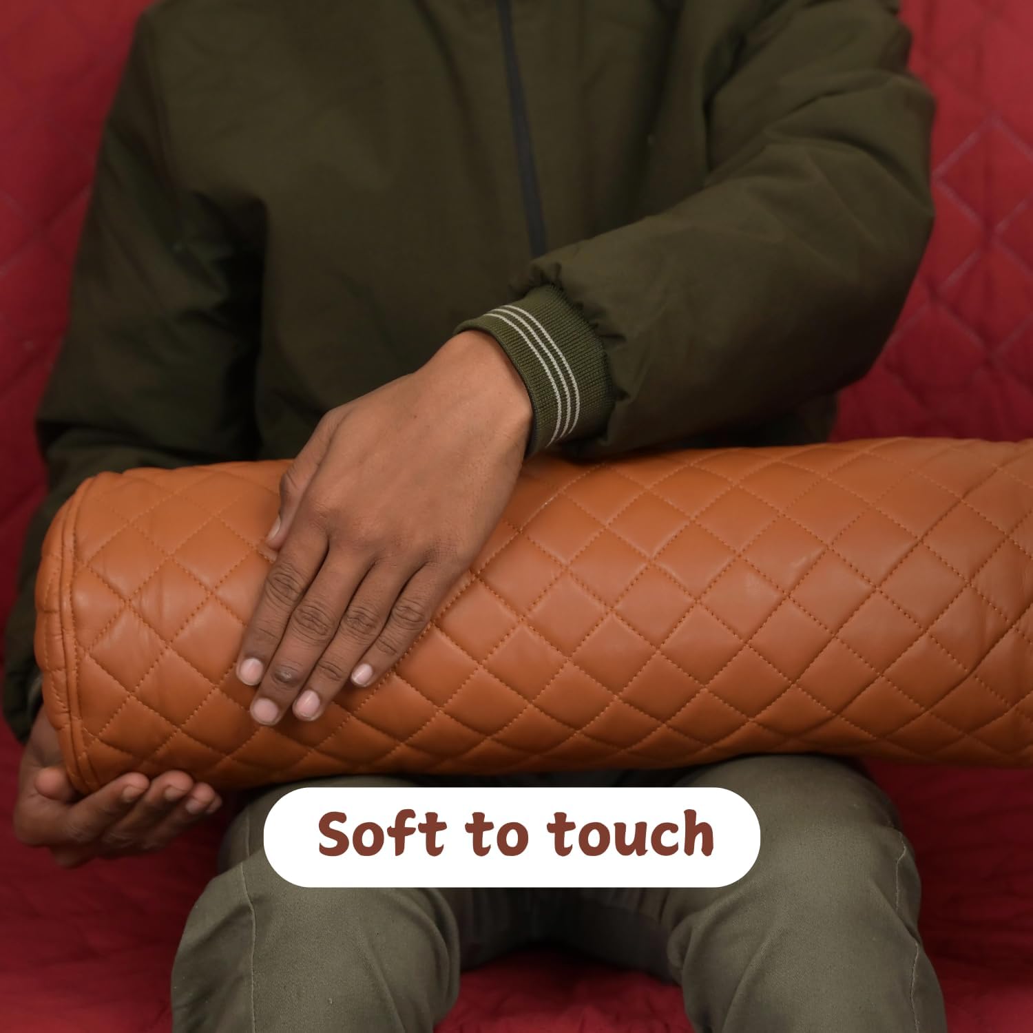 Neck Roll Pillow Cushion Cover, 18x5 Inch Full Moon Round Bolster Pillow Case, Cylinder Soft Lambskin Leather Pillowcase for Head, Spine & Neck Support During Sleep - Quilted Tan Pack of 2