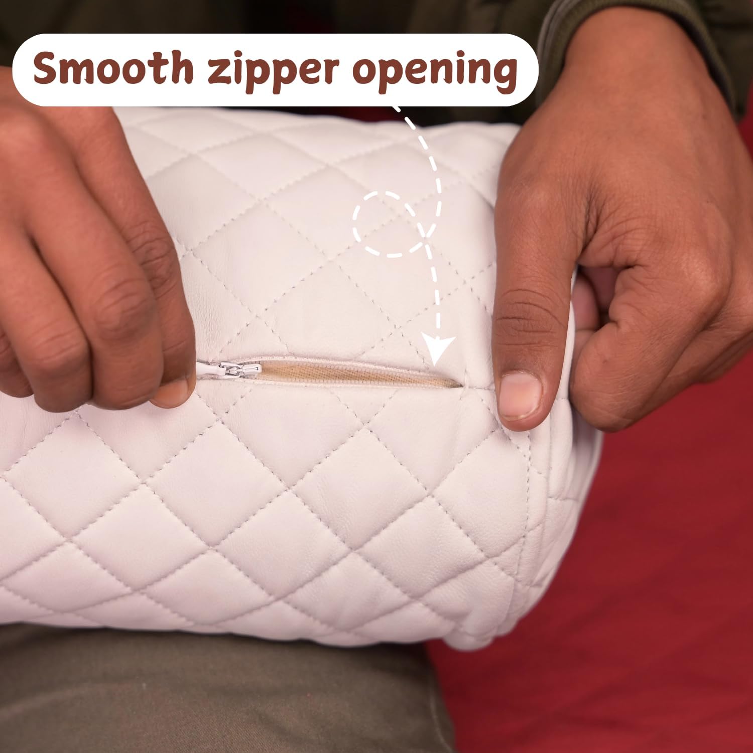 Neck Roll Pillow Cushion Cover, 18x5 Inch Full Moon Round Bolster Pillow Case, Cylinder Soft Lambskin Leather Pillowcase for Head, Spine & Neck Support During Sleep - Quilted White Pack of 1