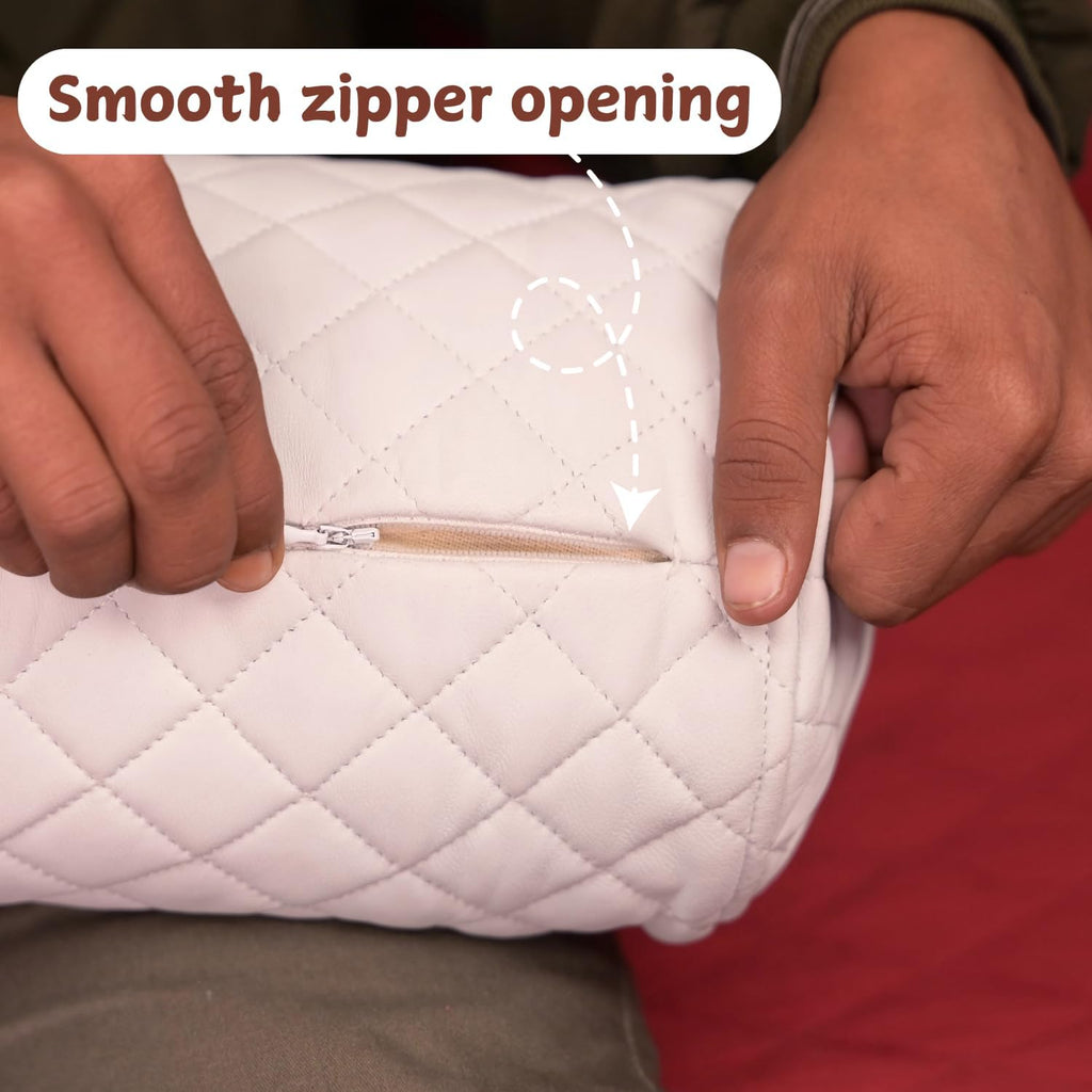 Neck Roll Pillow Cushion Cover, 24x5 Inch Full Moon Round Bolster Pillow Case, Cylinder Soft Lambskin Leather Pillowcase for Head, Spine & Neck Support During Sleep - Quilted White Pack of 2