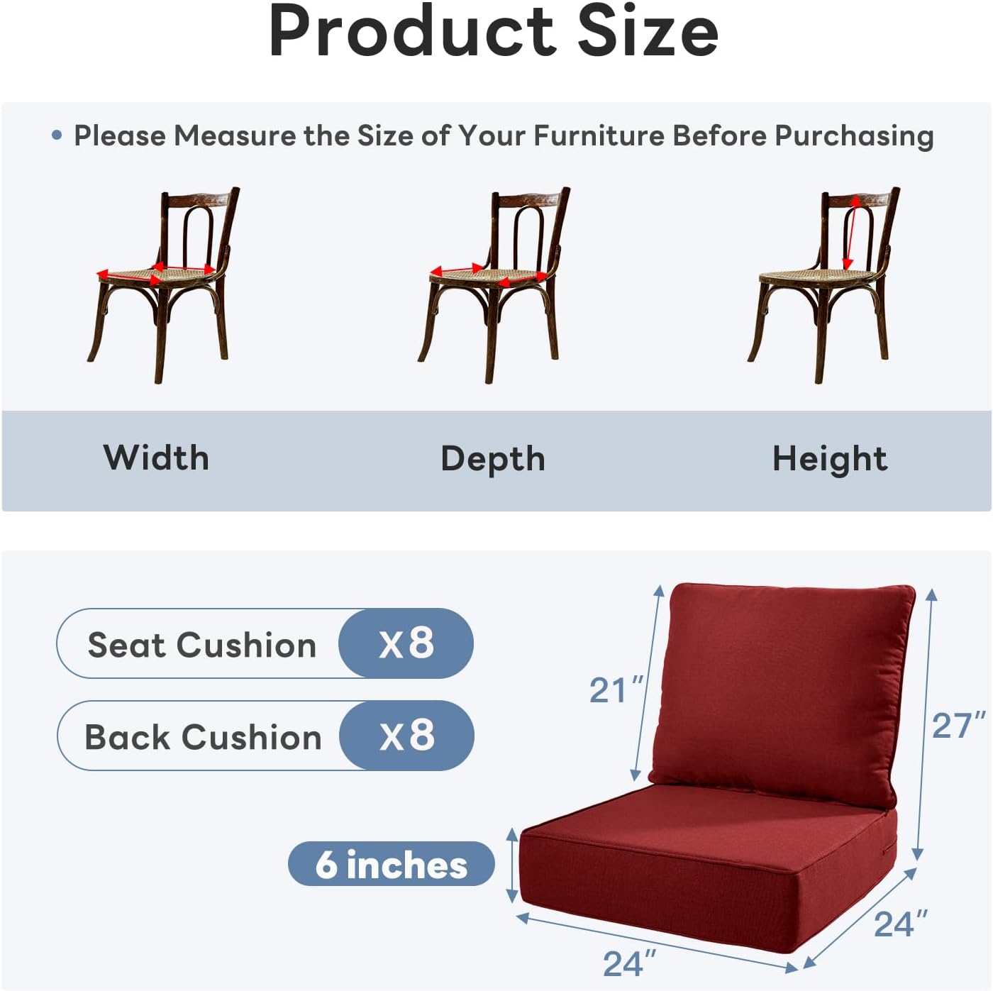 6" Thicker Outdoor Chair Cushion 8 Sets - 24" *24" *6" Waterproof Patio Furniture Cushions with Removable Cover, 28D High Density Sponge Filling Thicken Outdoor Patio Cushions - Red