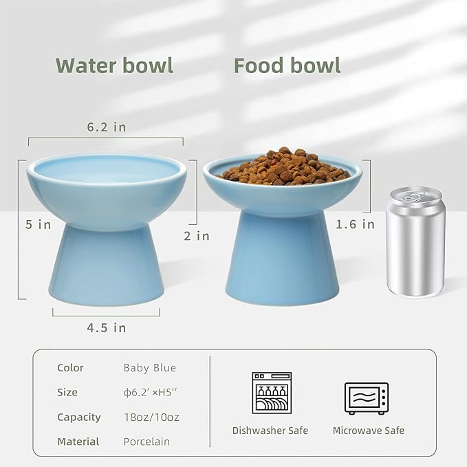 2 Elevated Ceramic Cat Bowls Extra Wide for Food & Water – Whisker Fatigue Shallow Food Dish, Lead & Cadmium-Free, Raised Height for Cats, Blue