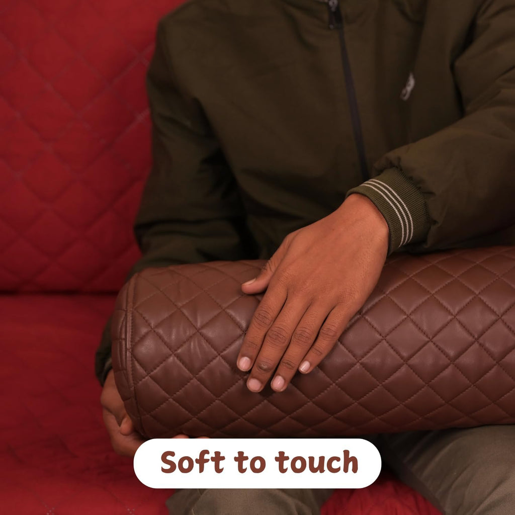 Neck Roll Pillow Cushion Cover, 18x7 Inch Full Moon Round Bolster Pillow Case, Cylinder Soft Lambskin Leather Pillowcase for Head, Spine & Neck Support During Sleep - Quilted Chocolate Brown Pack of 1