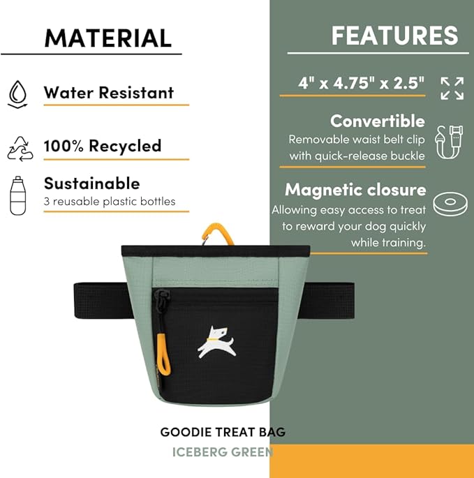 OllyDog Goodie Treat Bag, Dog Treat Pouch, Waist Belt Clip for Hands-Free Training, Magnetic Closure, Dog Training and Behavior Aids, Three Ways to Wear (Iceberg Green)