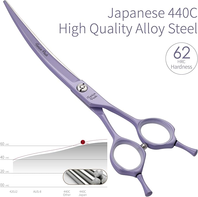 Fenice Peak Curved Dog Grooming Scissors with Violet Color Coating 440C Stainless Steel Pet Grooming Bending Shears Sharp and Durable Comfortable Engonomic Handle