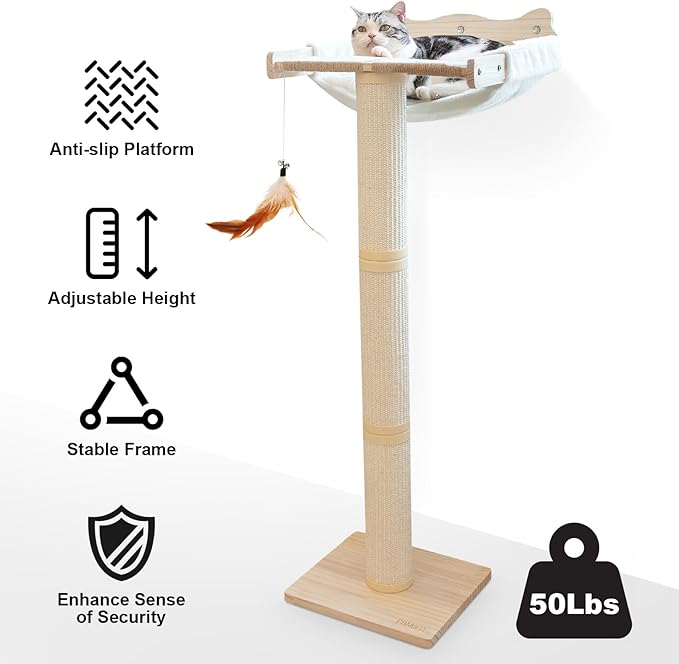 Cat Window Perch with Scratching Post, 47.3" Adjustable Cat Tall Scratching Posts &Upgraded Winter Cushion – Multi-Level Perch for Climbing, Bird Watching, and Play, Supports 50 lbs (Drilling-Free)