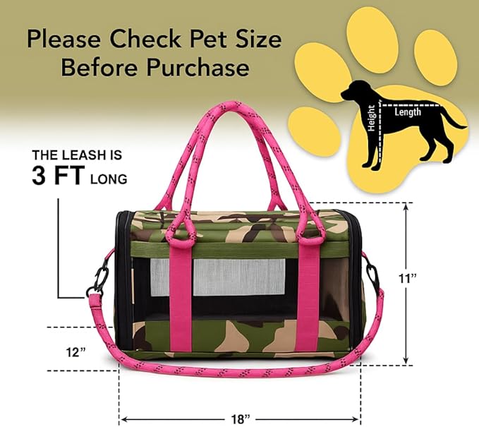 | TSA Airline Approved |Soft Sided Pet Carrier | Cat Carrier | Dog Carrier| Pets Up to 15 lbs | Leash & Luggage Strap | Camo Pink Handle