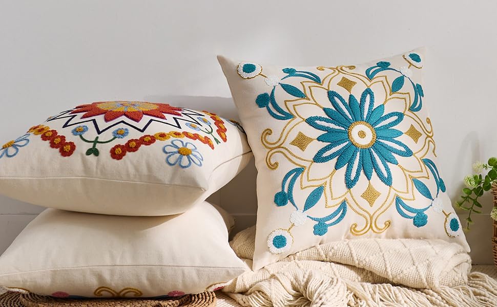 Embroidered Throw Pillow Cover 18x18 Classic Boho Floral Pattern Pillows Cover Outdoor Decorative Pillowcase,Durable Cozy Textured Cushion Case for Sofa Couch Bed Living Room,Teal