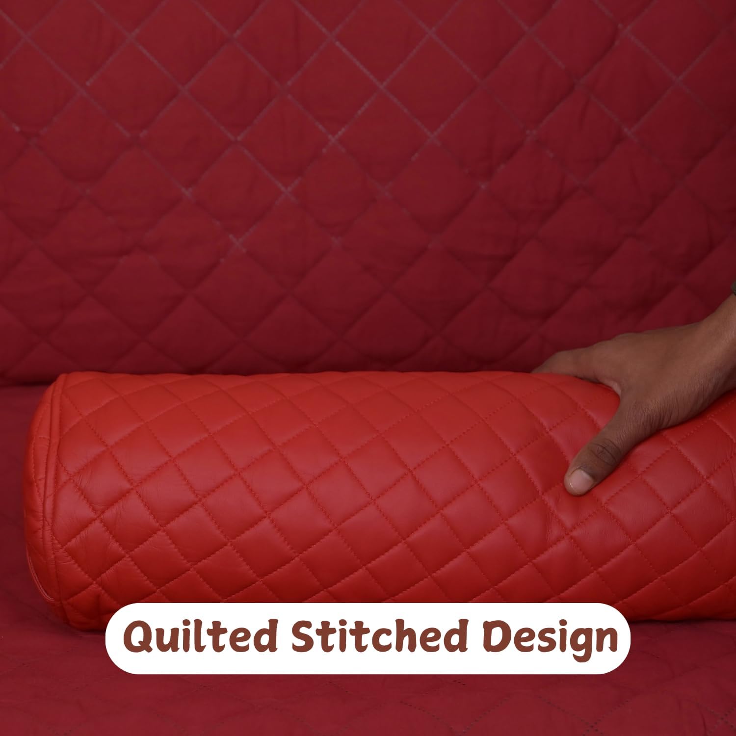 Neck Roll Pillow Cushion Cover, 14x6 Inch Full Moon Round Bolster Pillow Case, Cylinder Soft Lambskin Leather Pillowcase for Head, Spine & Neck Support During Sleep - Quilted Cherry Red Pack of 2