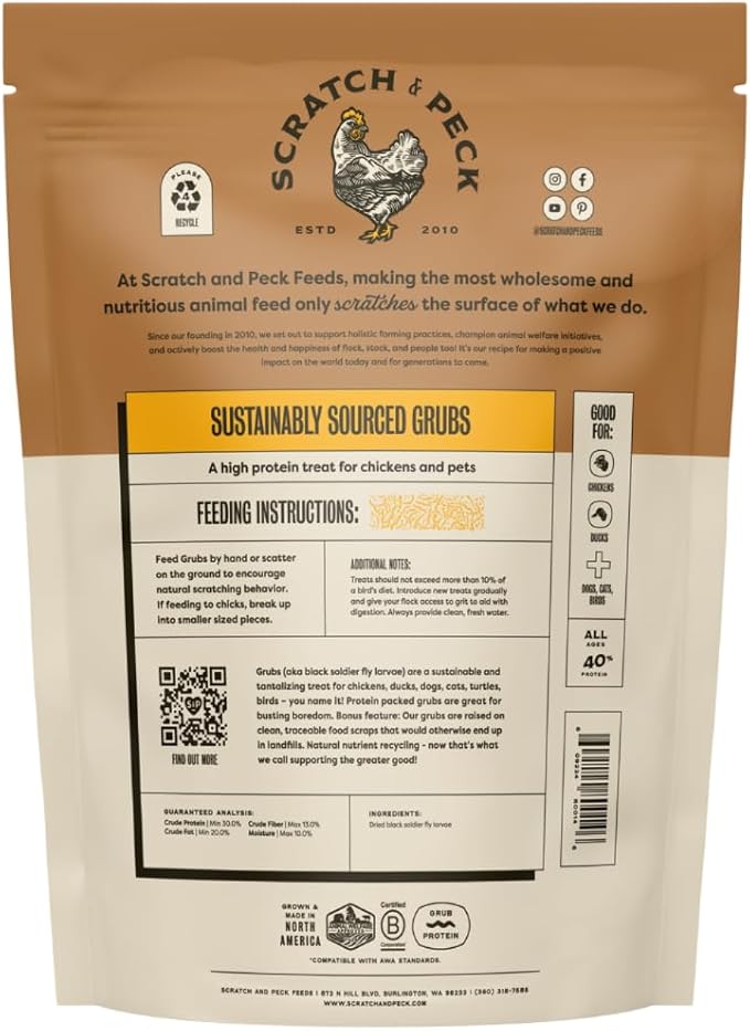 Scratch and Peck Grubs for Chickens and Ducks - 20 oz Bag - Sustainably Sourced - Naturally High Protein, Calcium Dense - Dried Black Soldier Fly Larvae Bird Treats