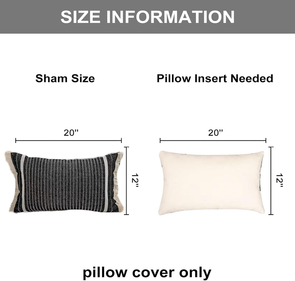 OJIA Modern Throw Pillow Cover with Tassels, Decorative Liana Fringe Accent Cushion Case, Farmhouse Woven Pillowcase for Sofa Chair Couch Bed Decor (Lumbar 12 x 20 Inches, Black)