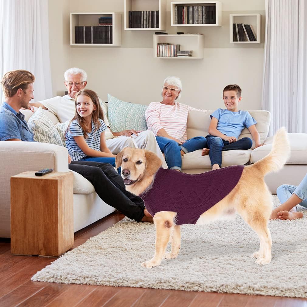 BINGPET Thermal Knitted Dog Sweater, Winter Dog Cat Coat, Warm Sweater for Small Medium Large Dogs, Classic Cable Knit Turtleneck Pullover, Purple, Large, 100% Acrylic, Machine Wash