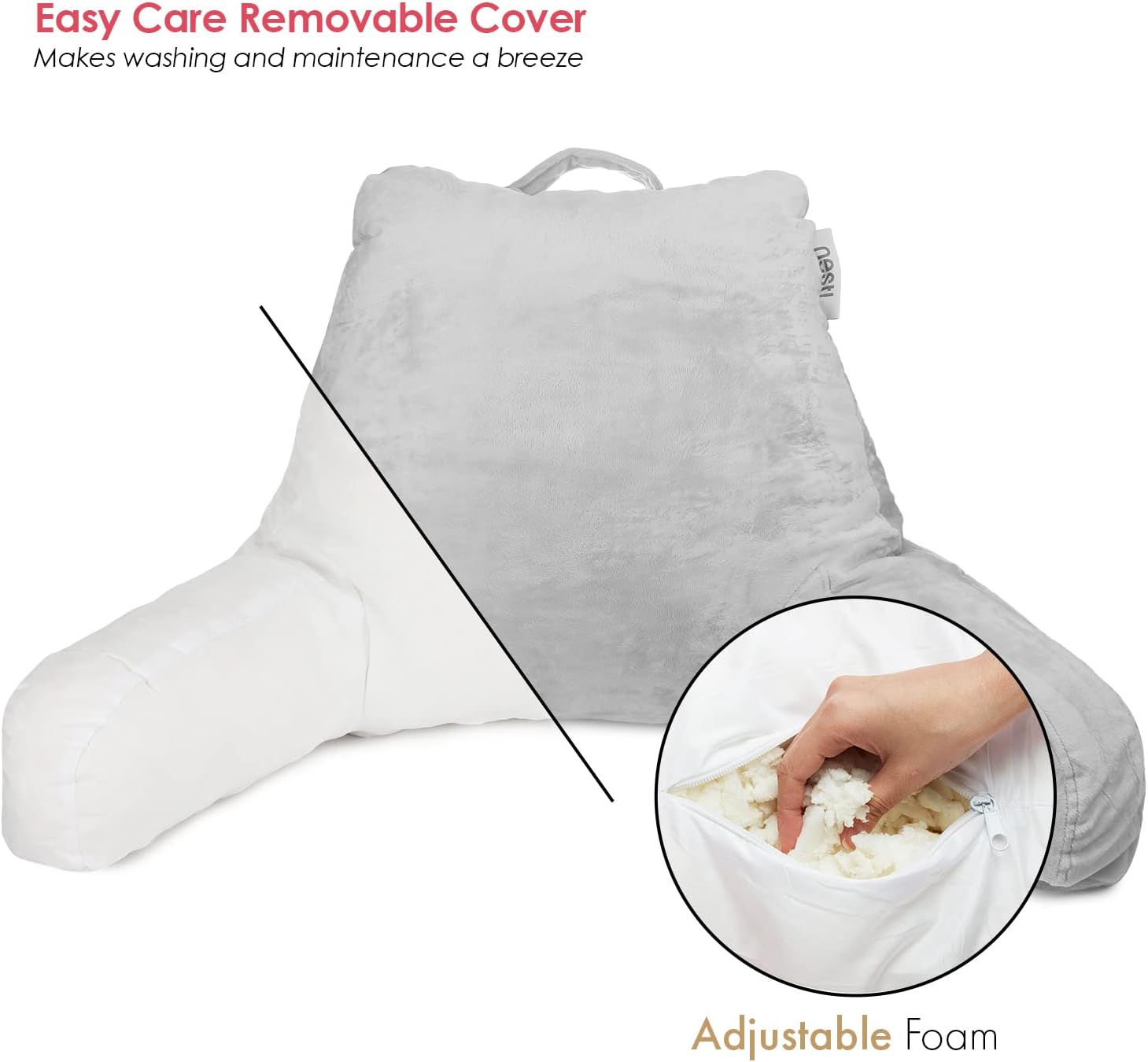 Nestl Reading Pillow for Kids & Teens with Shredded Memory Foam, Backrest Pillows for Reading, Watching, and Gaming, Use on The Couch, Bed, or Floor, Adjustable Support with Washable Cover Light Grey