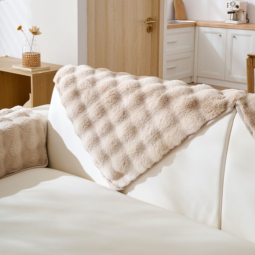 Faux Fur Armrest Cover Backrest Cover Fuzzy Plush Thick Bubble Sofa Cover Luxury Soft Cozy Couch Cover Anti-Slip Sofa Slipcover Washable Furniture Protector (Khaki,28"x28")