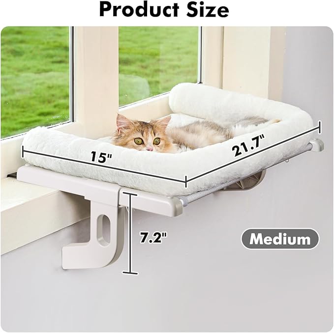 Cat Window Sill Perch with Large Bolster, Easy to Adjust & Assemble Cat Window Seat for Windowsill & Bedside, Pet Hammock Bed for Large Cats and Kittens (White, M)