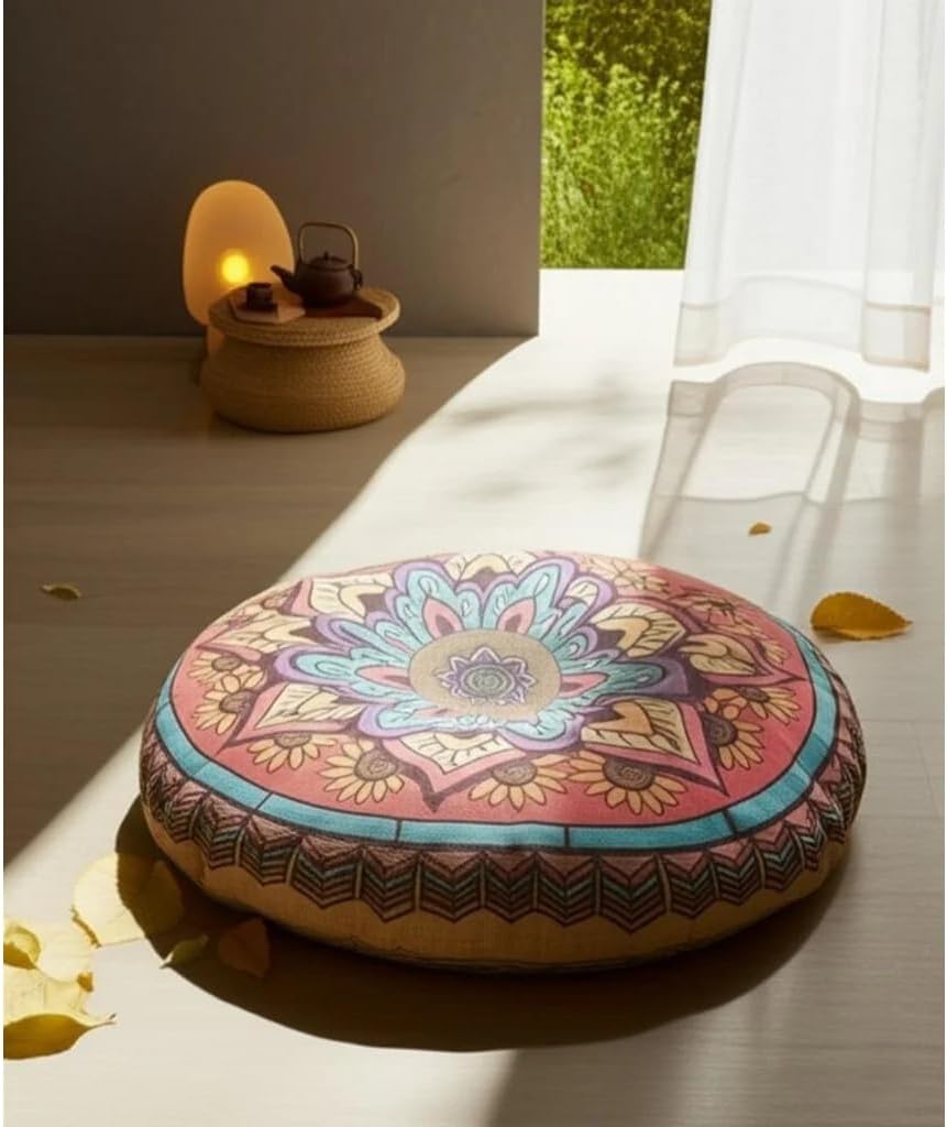 Mandala Round Floor Pillow - 16x16 inch Reversible Cotton Linen Meditation Cushion for Yoga, Balcony & Patio Decor (Colorful)