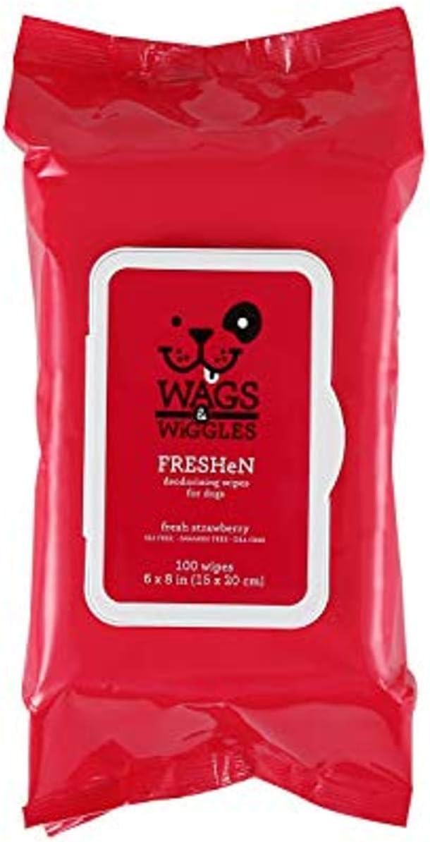 Wags & Wiggles Freshen Deodorizing Wipes for Dogs, Fresh Strawberry Scent - Dog Wipes Eliminate Odors - Easy and Convenient Way to Freshen Your Pet Without A Bath, 100 Count