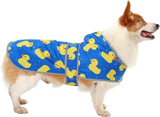Dog Raincoat for Medium Dogs Waterproof Hooded Rain Jacket with Reflective Strips Leash Hole & Poncho Adjustable Fit (ShinyDuck,L)