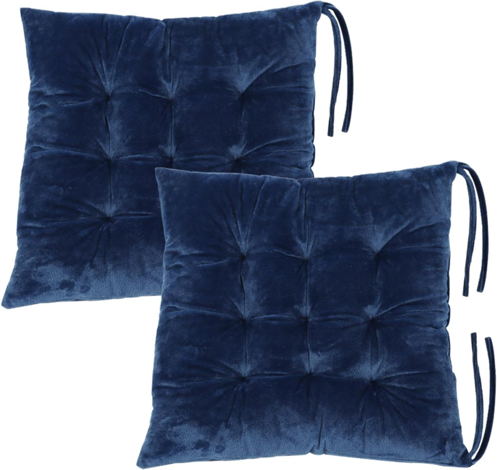 2 Pack Square Seat Cushion Chair Pads for Kitchen Dining Chairs, Soft Comfort Velvet Chair Mat Pillow Cushions with Ties for Office Desk Living Room Tatami 15.5", Blue