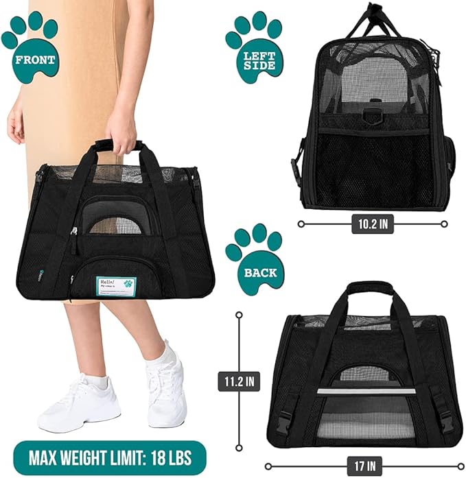 PetAmi Airline Approved Pet Carrier for Cat, Soft Sided Dog Carrier for Small Dogs, Cat Travel Supplies Accessories for Indoor Cats, Ventilated Pet Carrying Bag Medium Large Kitten Puppy, Small Black