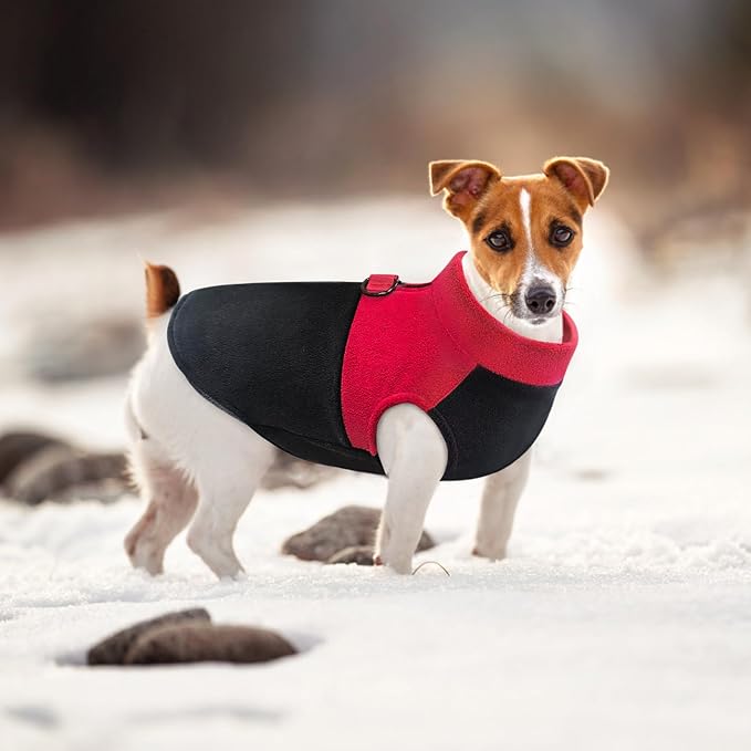 Idepet Dog Fleece Vest Sweater Zip Up Warm Pullover Dogs Jacket with D-Ring Leash Winter Cold Weater Coat Pet Sweatershirt Clothes Hoodie for Small Medium Dogs Boy Girl (Red/Black, L)