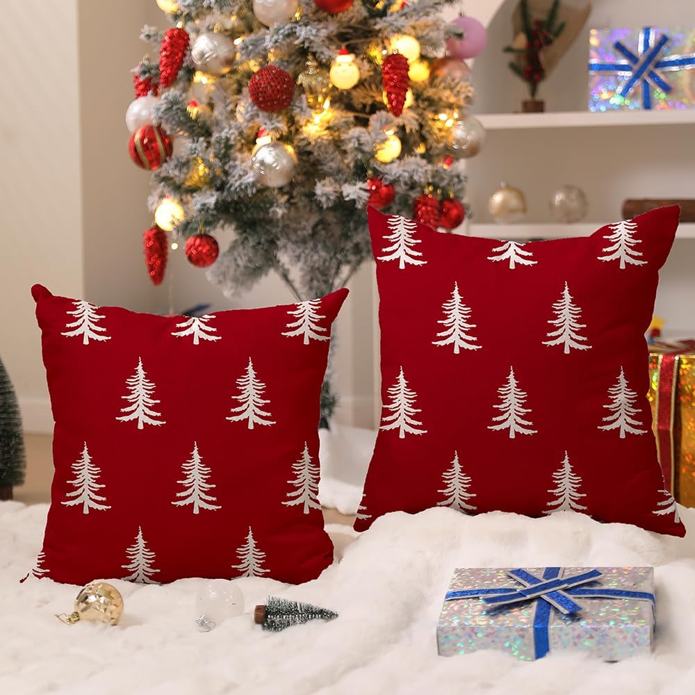 DFXSZ Christmas Pillow Covers 18x18 inch Set of 2 Christmas Tree Decorative Red Throw Pillow Covers Winter Famliy Decoration for Home Couch TH-30K18